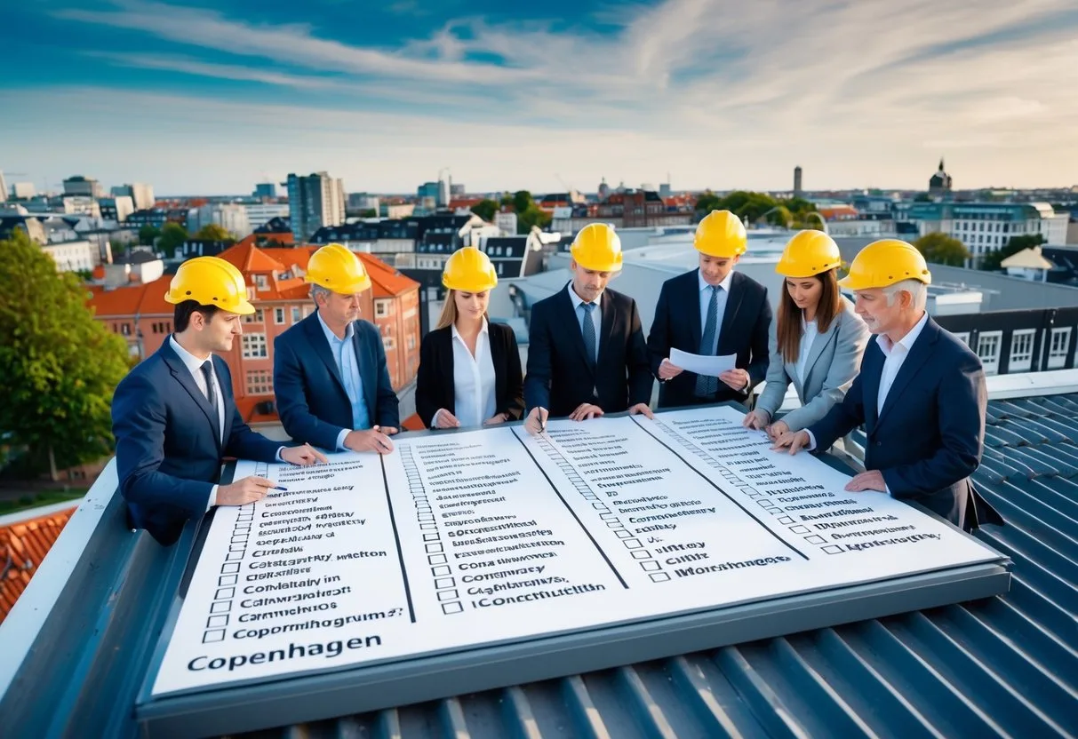 En gruppe mennesker i København gennemgår en liste over byggefirmaer diskuterer og sammenligner deres kvalifikationer og tidligere arbejde for at finde det rigtige firma til at renovere taget på en fleretagers bygning